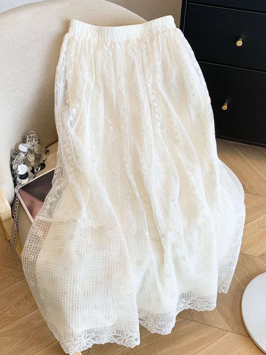 

High Waist Lace A-Line Me Cake Skirt Midi Skirt Women Slimming f-length Sweet Sle Casual Spring Long Sve round Ne