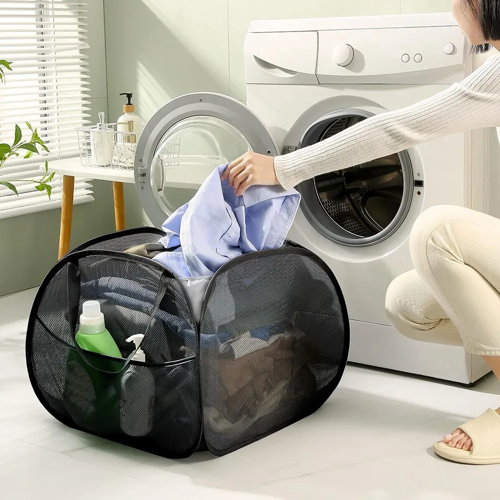 Abwr-cesto de lavanderia dobrável de malha com alças fortes, cesto de roupas de abertura com bolsos laterais, cestas de armazenamento durab