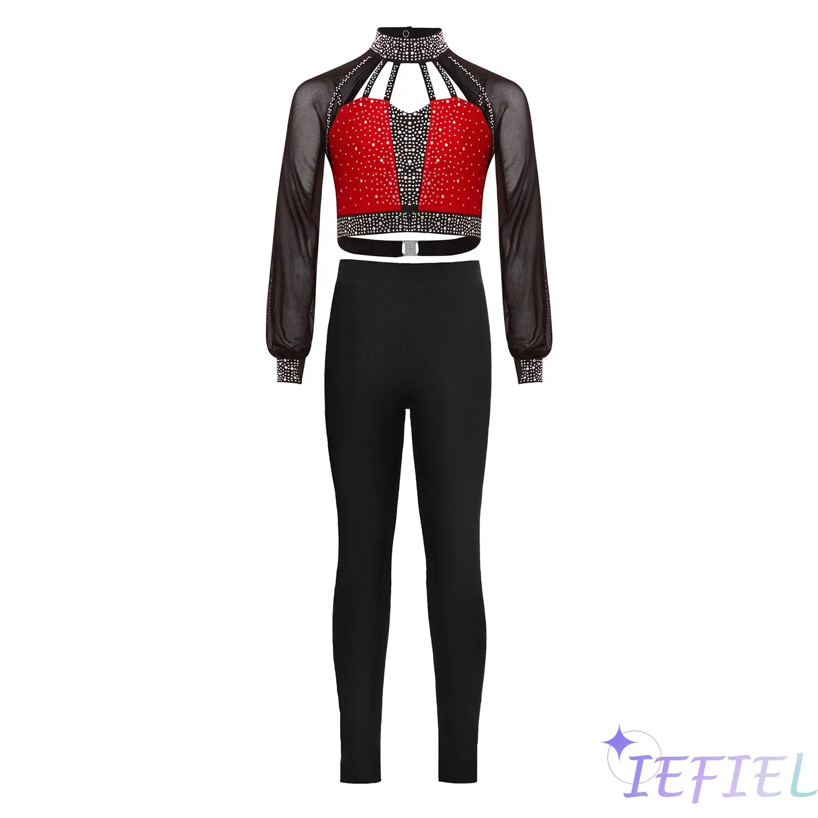 

Kids Girls Gymnastics Ice Skating Dance Costume Long Sleeves Cutout Strappy Shiny Rhinestones Crop Top+Leggings Ballet Dancewear