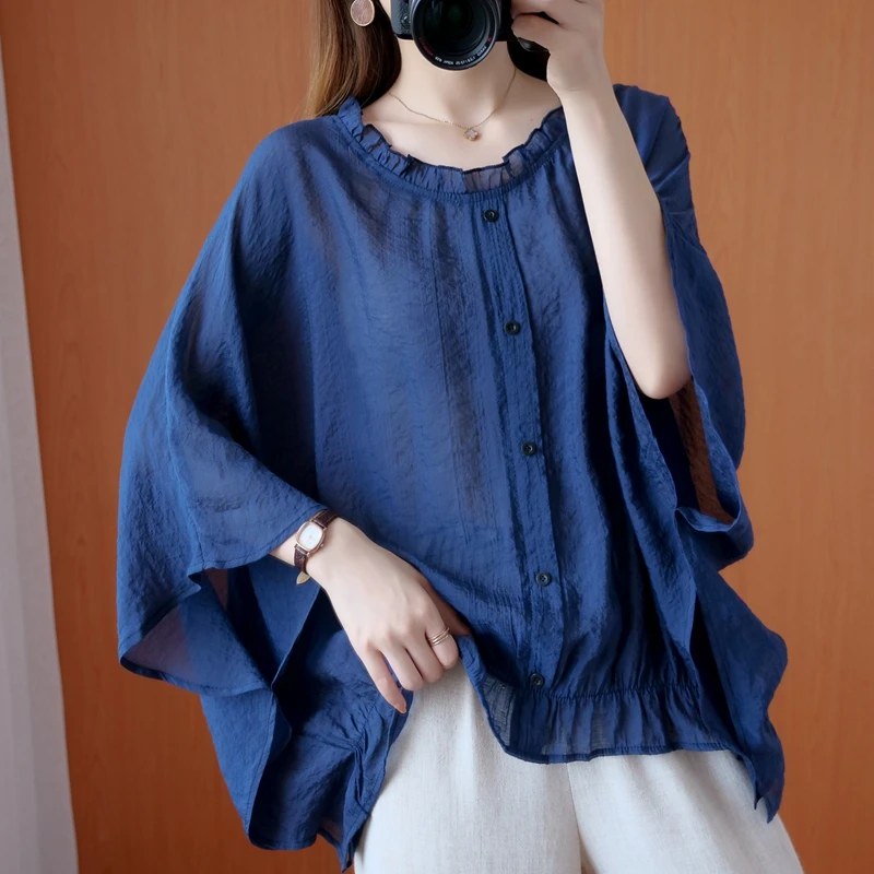 New Summer Women's Loose Linen irt Batwing Sve Slimming Top Korean Sle round Ne ort Sve Faion Trend 2025