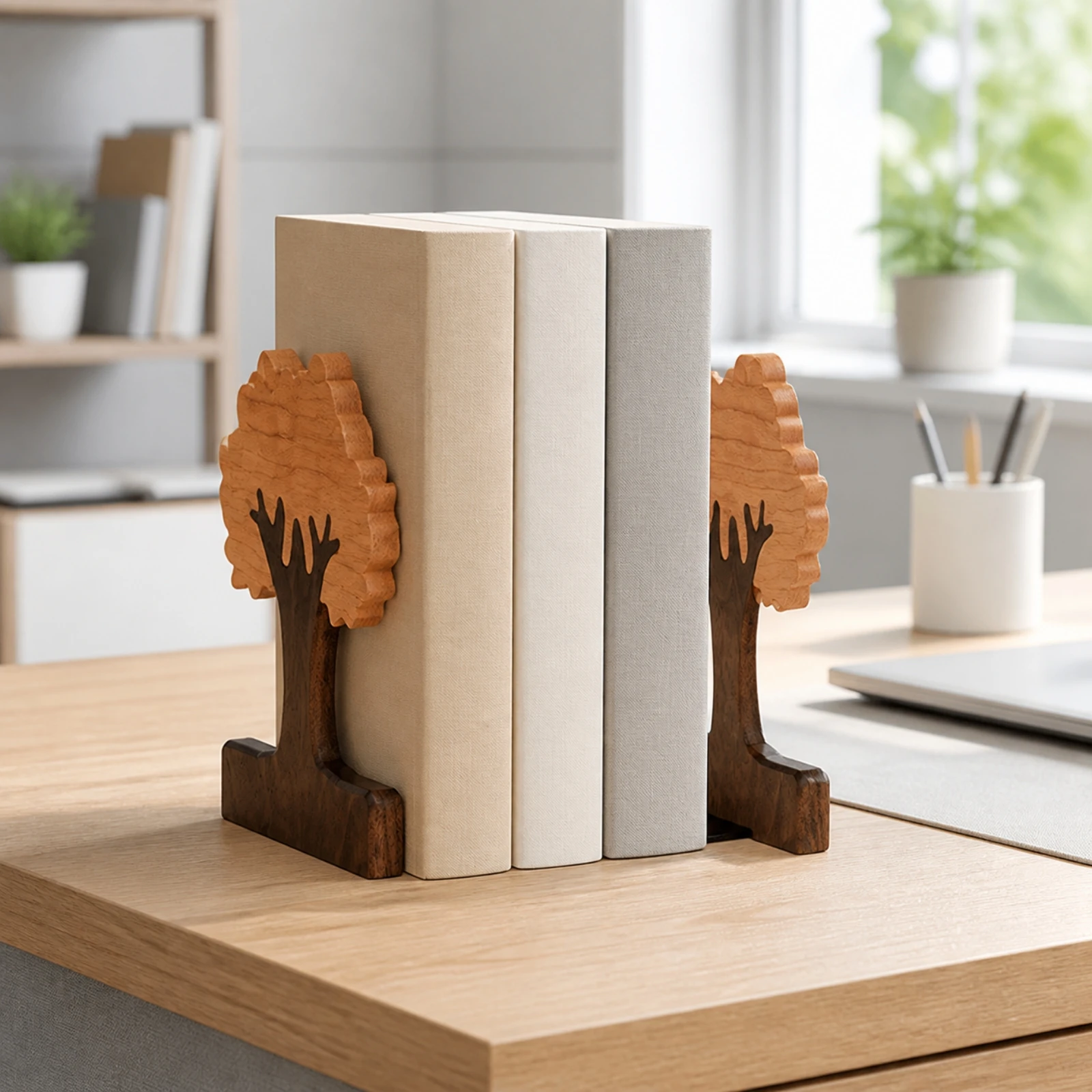 Adjustable Bookend with Sliding Plate Sturdy Wooden Book Ends Tree-Shaped Book Ends Natural Bookends Compact for Study Desk