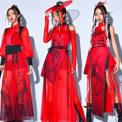 Women Jazz Dance Costumes Girls Group Gogo Dancers Performance Hip Hop Stage Wear Chinese Style Red Loose Outfits