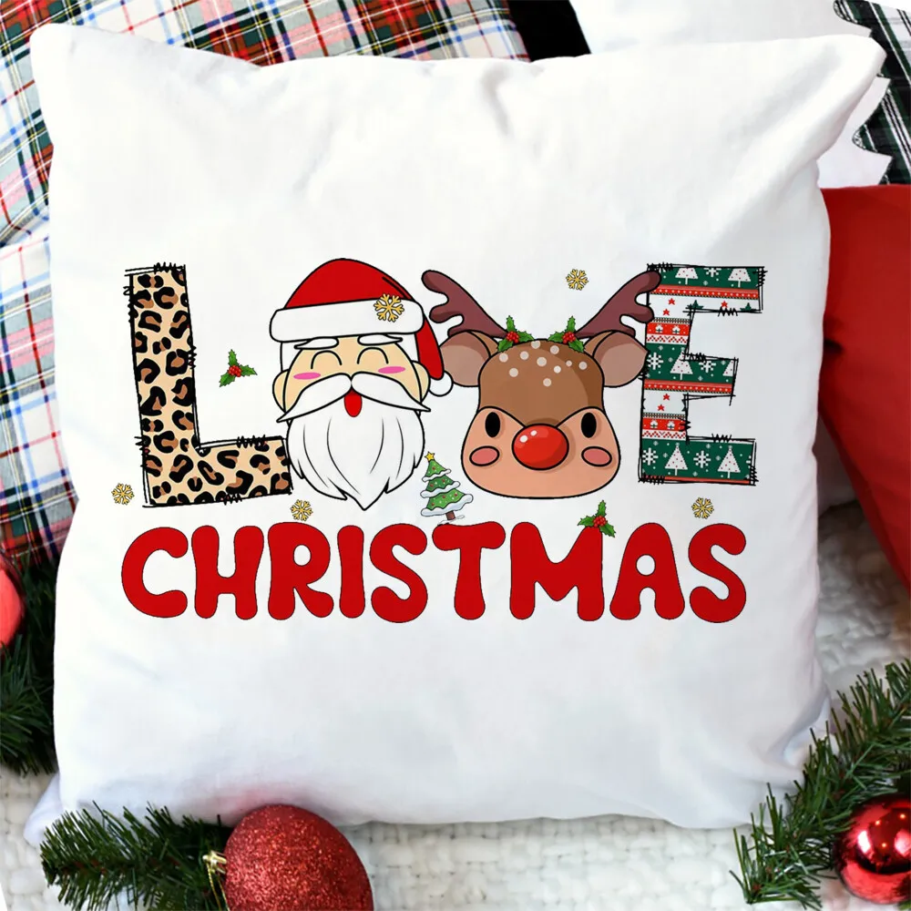 Love Christmas Santa Claus Deer Print Pillow Case Xmas Winter Party Decor Home Cushion Cover Xmas Pillowcase for Family Friends