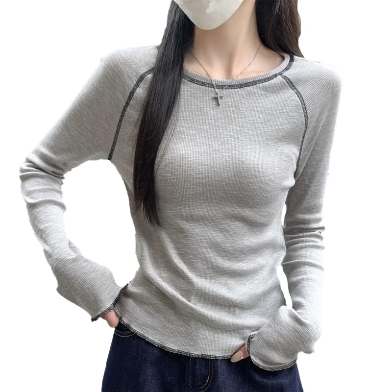 قميص نسائي بأكمام طويلة وياقة مستديرة بتصميم ضيق على الطراز الكوري للعمل والموضة بمقاسات كبيرة وأسلوب كاجوال للشارع