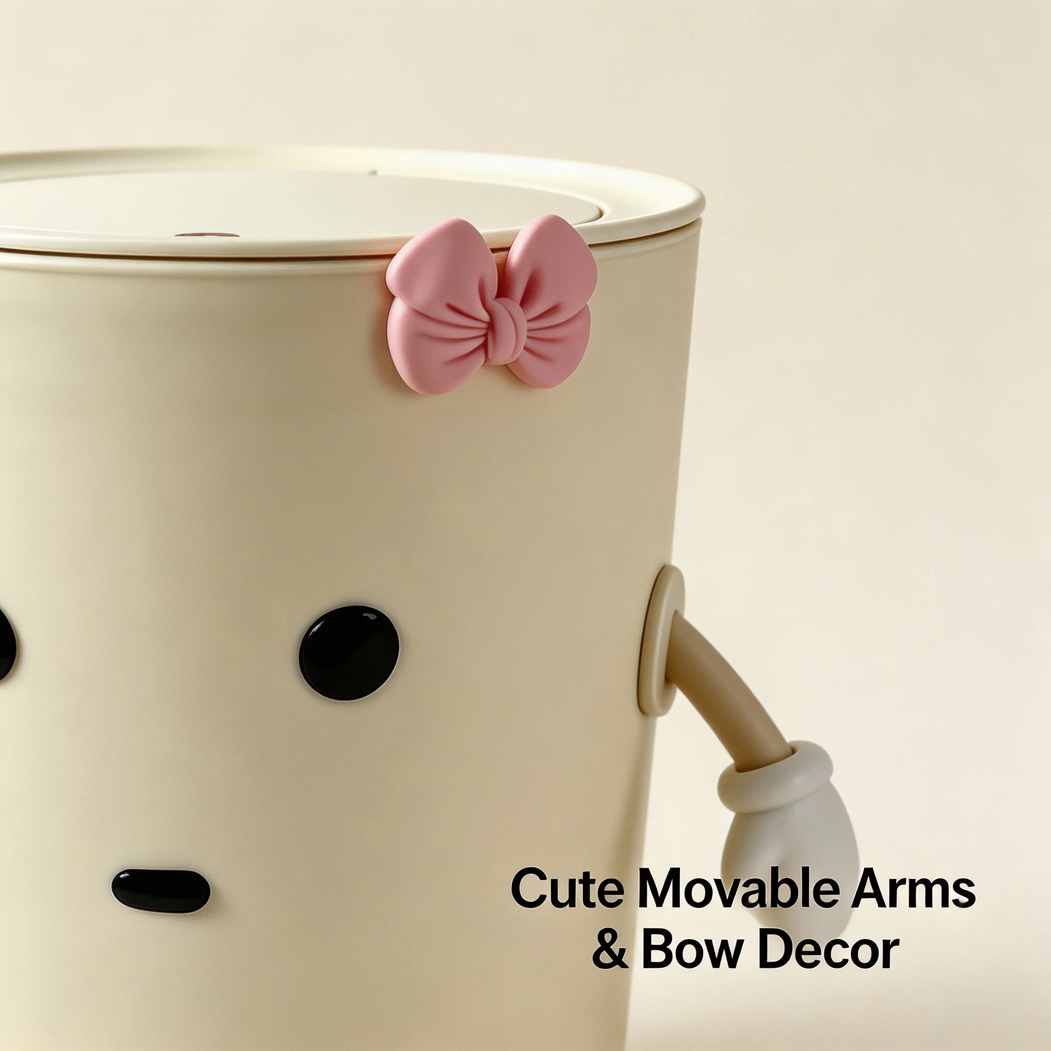 Kawaii Press‑Top Trash Can, Cute Cartoon Decorative Waste Bin with Movable Arms & Pink Bow, Plastic Lidded Garbage Container for Indoor Home Use