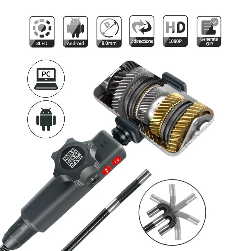 8mm 2-Way 360 Degree USB Steering Endoscope Articulated for Android/PC 1080P with 8 Adjustable LEDs Automotive Sewer Repair