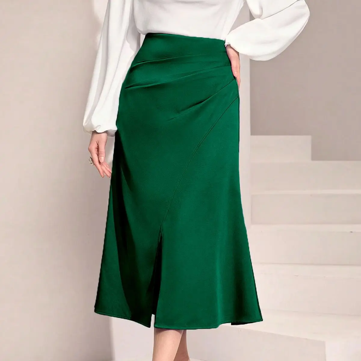 

2026 new spring and autumn women's pleated slim and comfortable solid color sexy high waist slit half body hip skirt for women