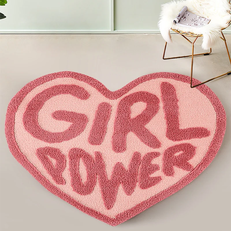 Ins Love Heart Rug Soft Tufted Plush Girl Power Letters Carpet Living Room Girl's Bedroom Decor Bedroom Area Rug Floor Mats