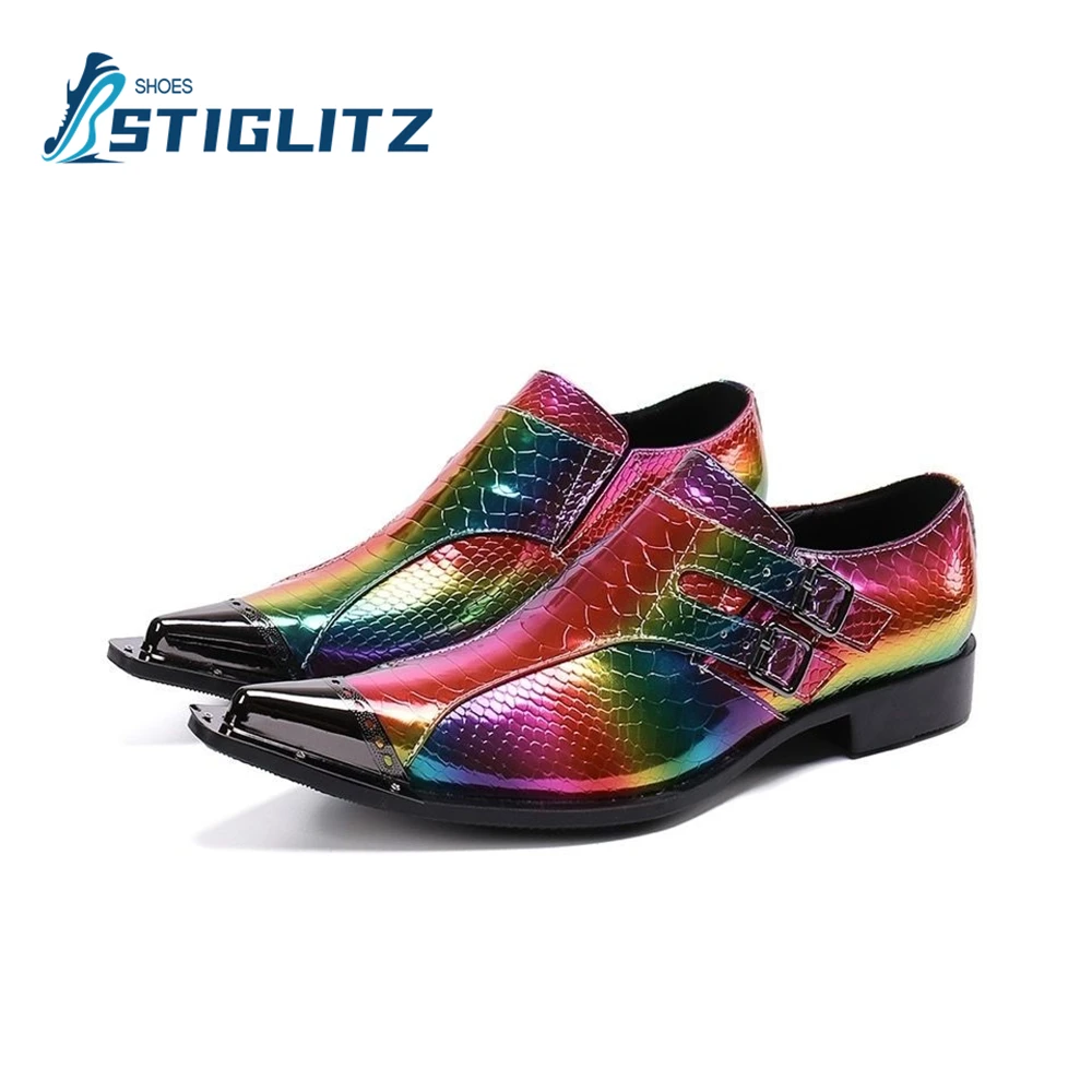 

Mixed Color Patchwork Genuine Leather Shoes Metal Point Buckle Slip-On Loafers Men's Formal Wear Performance Shoes Fashion Mules