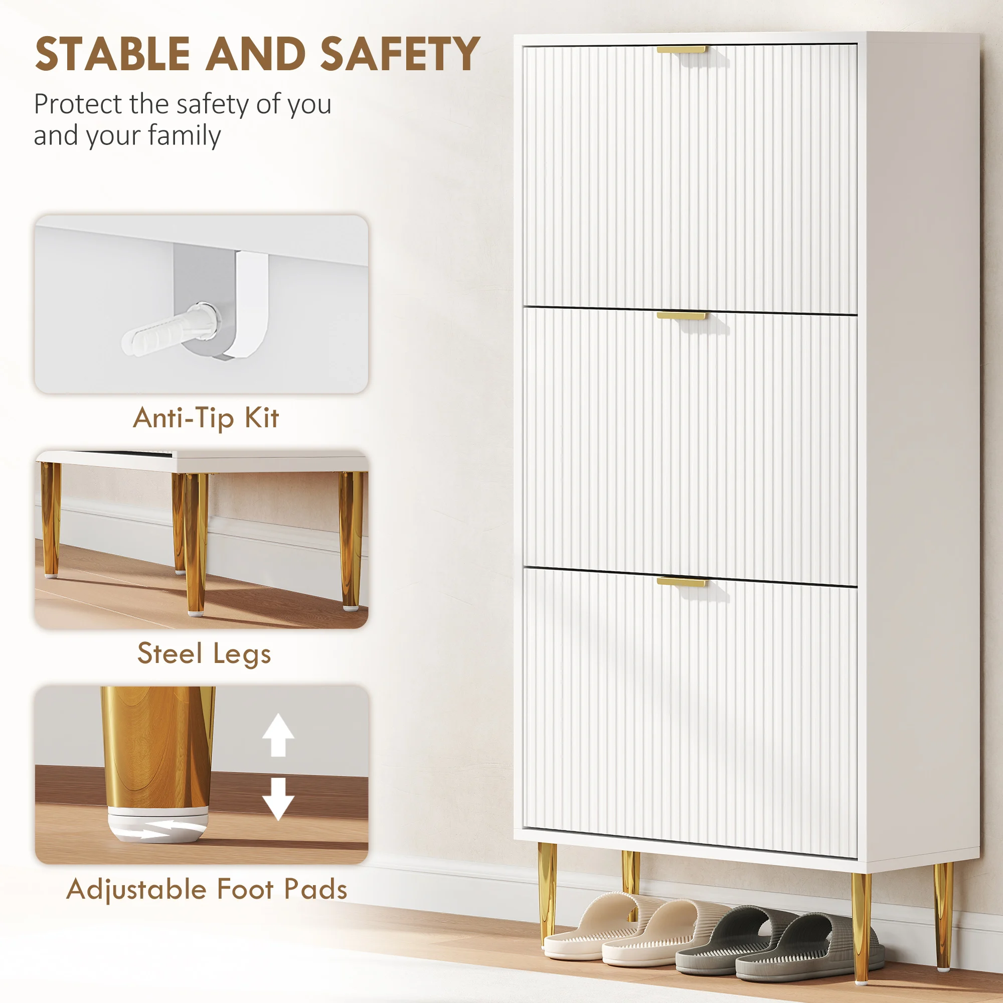 HOMCOM Slim Shoe Storage Cabinet with 3 Flip Drawers for Hallway, White
