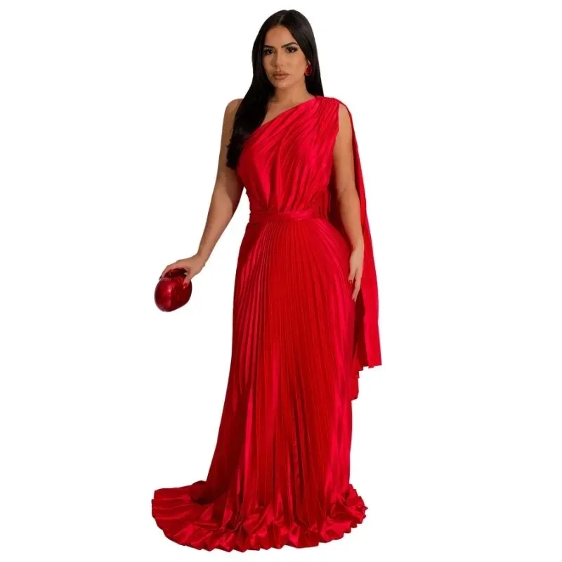 

Women One Shoulder Ruched Stacked Pleated Maxi Long Dress 2025 Summer Vacation Holiday Sexy Birthday Party Dresses