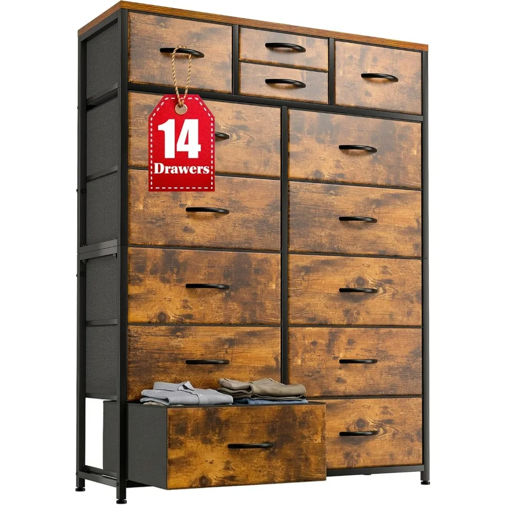 Rustic Brown Chest of Drawers 14 Storage Drawer Dresser Sturdy Metal Frame Wood Top 52.2"H37.4"W11.8"D for Bedroom Living Room