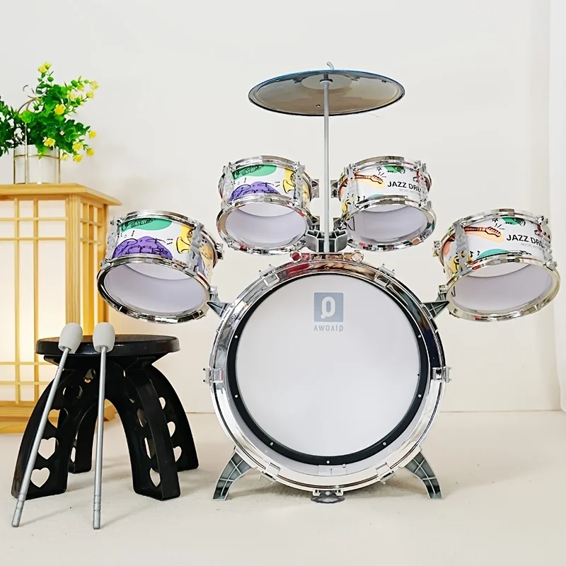 Set di batteria per bambini Kit di batteria jazz per bambini Giocattoli con sgabello Pedale Strumenti musicali a percussione Giocattolo per batteria Regalo per l'educazione precoce per ragazzi