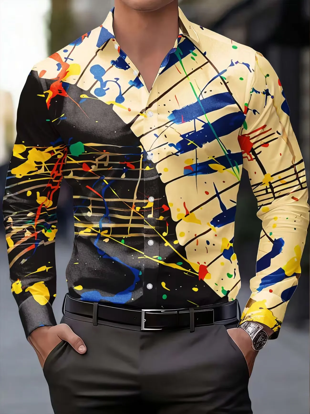 New Black and White Contrasting Notes Splashed Ink Print Men's Long Sleeved Shirt Artistic Style Casual Shirt