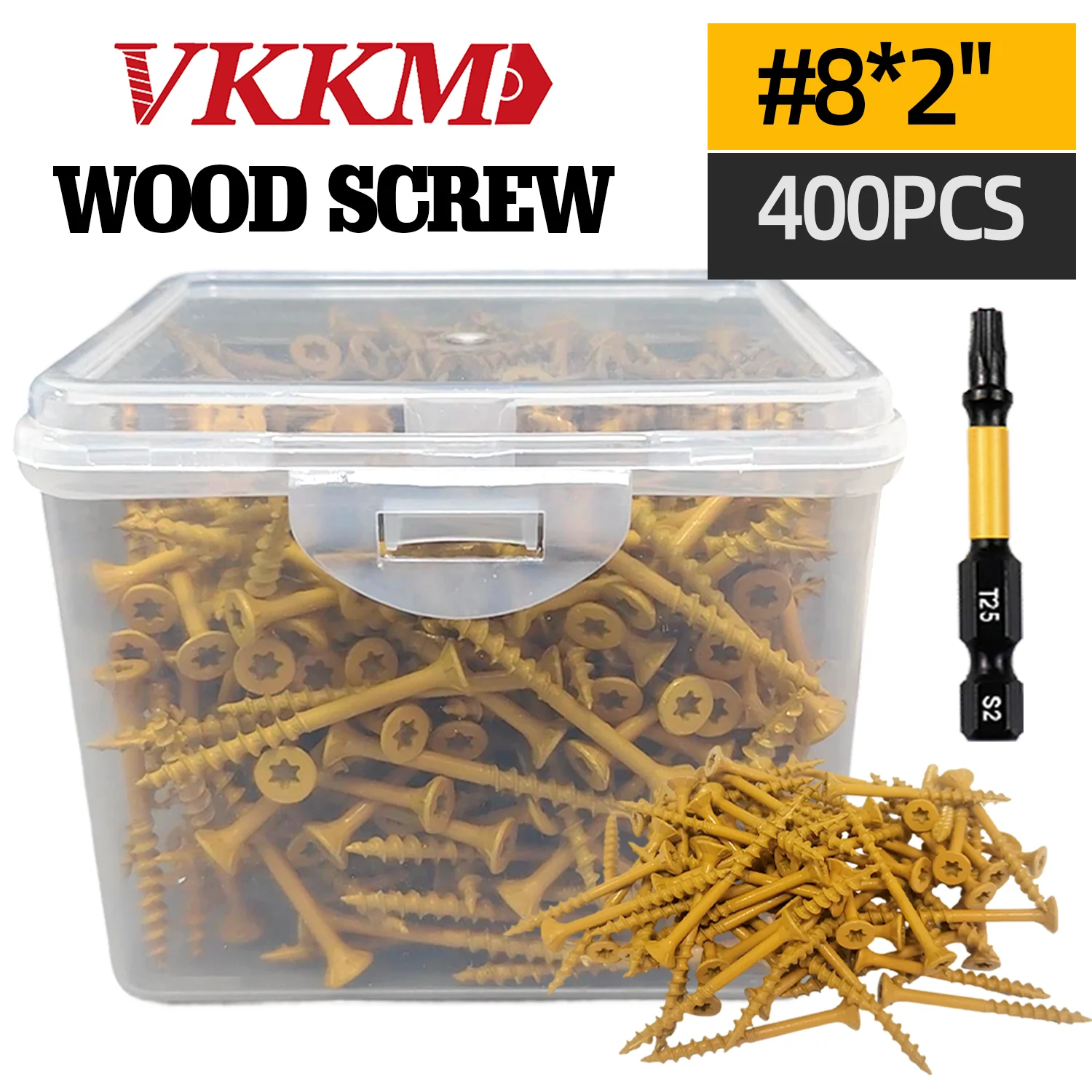 

VKKM Deck Screws 2 Inch, Wood Screws #8 x 2", 400 PCS, Rust Resistant Coated, T25 Screws, T25 Star Bit Included, Tan