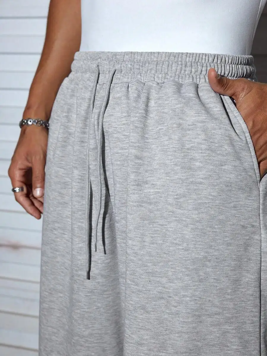 Grey Elastic-Waist Mid-Length Sweatshorts Unisex Loose Fit For Spring Summer Casual Streetwear Daily And Vacation Use