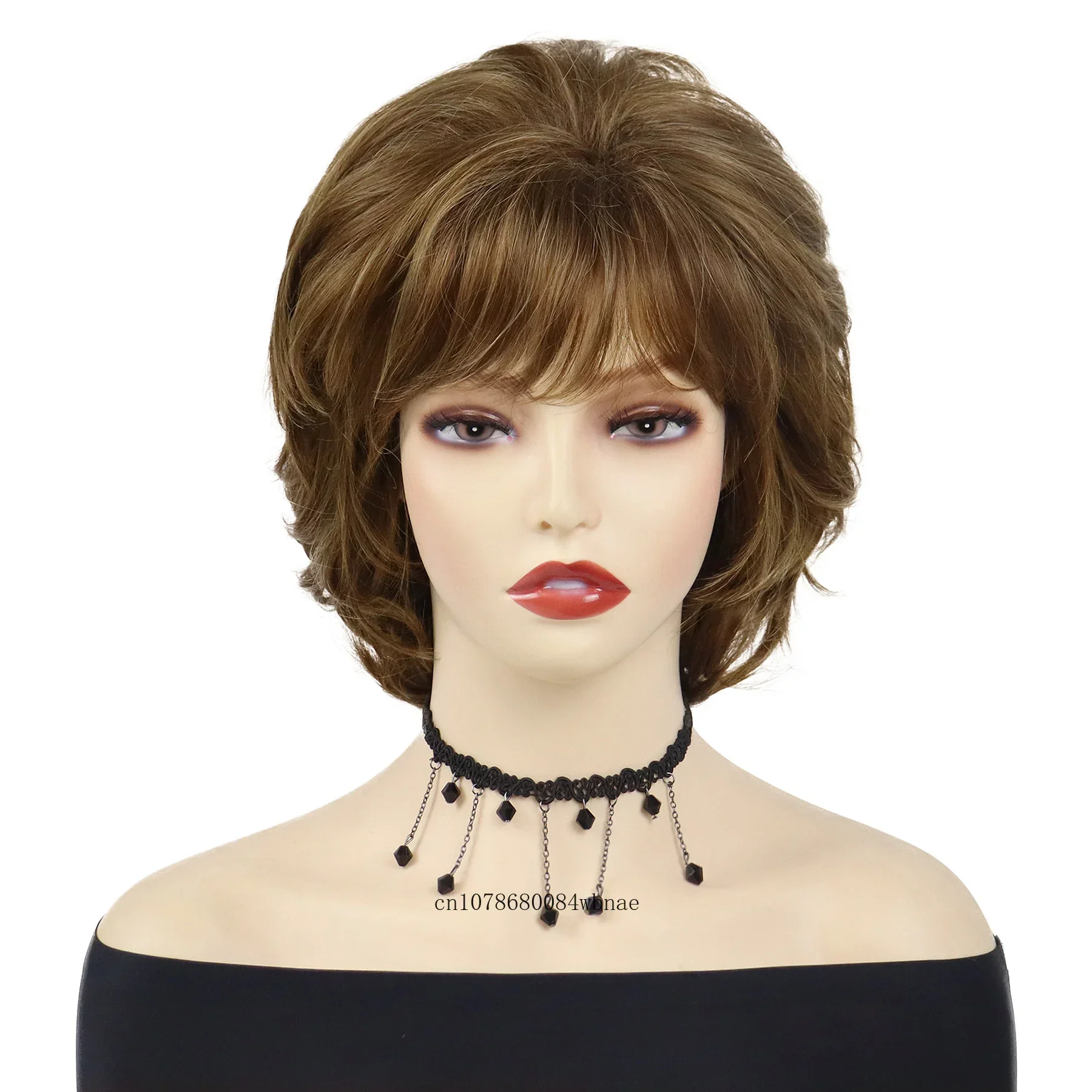 Women\'s Fashion Synthetic Hair Fluffy Short Mix Brown Curly Wigs with Bangs Curls Mommy Wig Heat Resistant Daily Party Costume