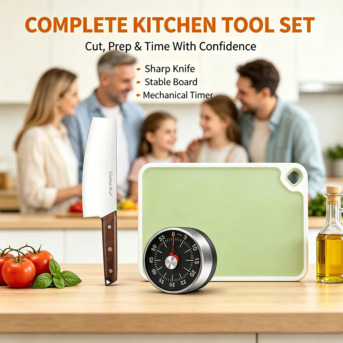Kitchen 3-piece Set,Cost-effective kitchen knife, Magnetic Mechanical Timer,Kitchen Plastic Cutting Board