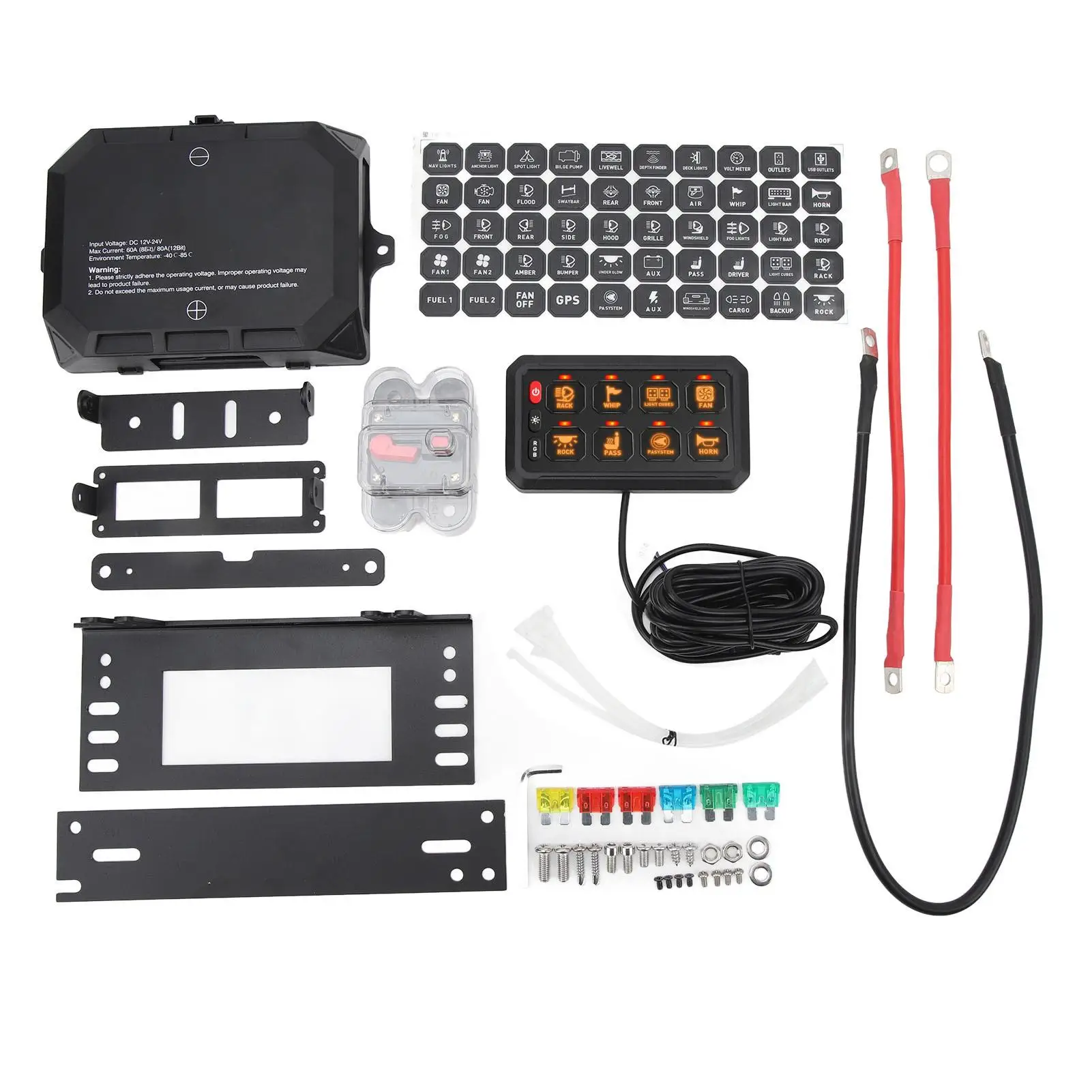 Matte Black 8 Gang Switch Panel Kit 12V-24V DC Control Relay System Red Button IP65 Waterproof for trucks