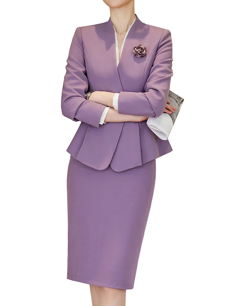 

Elegant Women Formal Skirt Suit Ladies Black Purple Pink Long Sleeve V-Neck Female Two Piece Blazer Set JJ1022