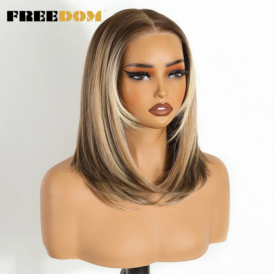 FREEDOM Synthetische Lace-Front-Perücken für Damen, gestufte, gerade, kurze Bob-Perücke, 6x4, zum einfachen Anlegen, ohne Klebstoff, Ombre-Braun, vorgezupfte Perücke. – Detail 8