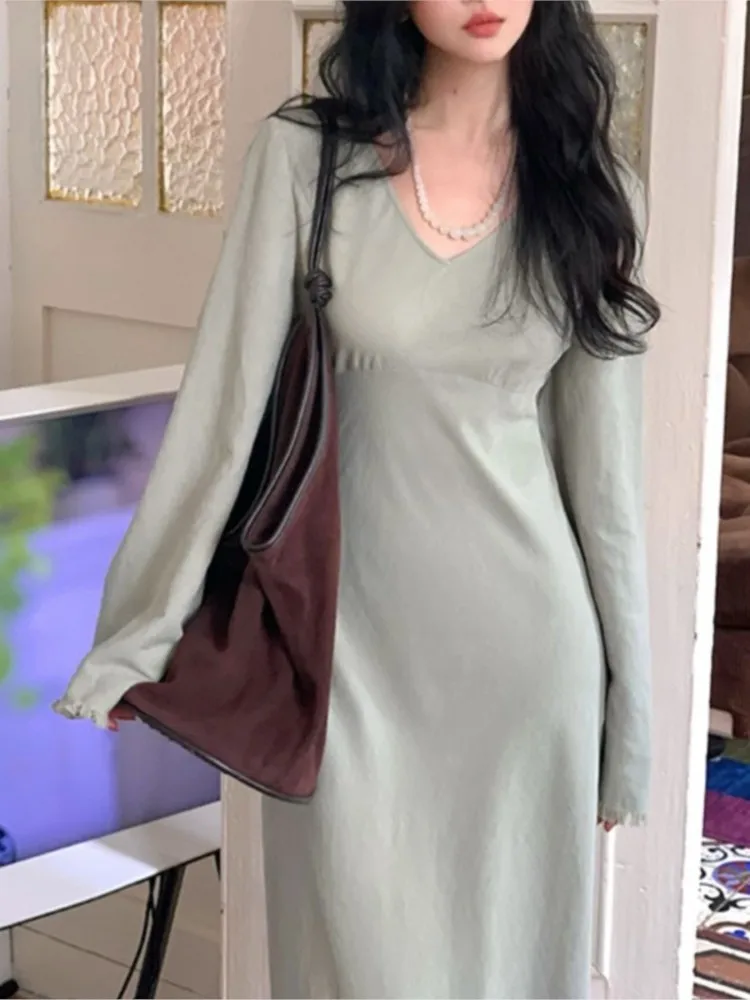 Robe mi-longue élégante pour femmes, couleur unie, col en v, manches évasées, taille fine, nouvelle Robe de soirée, de mariage, de bal, automne