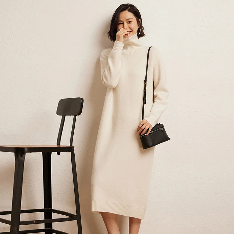 High-quality Autumn Women\'s 100% Cashmere Sweater Turtleneck Dresses Winter Lady Thicken Pullover Female Large Size Knit Dress