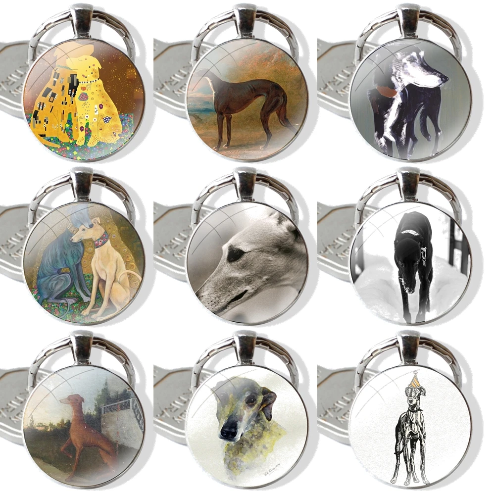 Gustav Klimt Greyhound Dog Art Keychain Handmade Glass Cabochon Key Ring Holder Pendant Key Chains