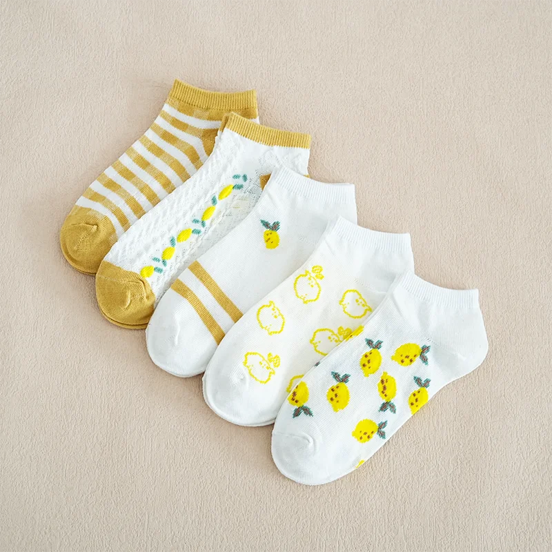 

5 pairs of women's socks with innovative design, fruit print pattern, college style, daily matching