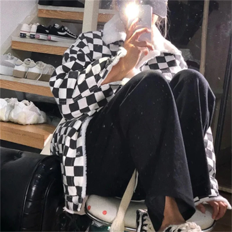 Checkerboard Check Denim Coat Women 2022 Autumn Winter New Retro Loose and Plush Padded Padded Jacket Women Cotton-padded Jacket