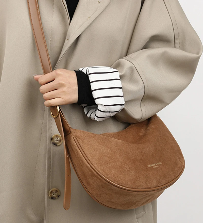 

Fashion Suede Retro Half Moon Women Bag Adjustable Strap Shoulder Bag Ladies Luxury Design Crossbody Bag