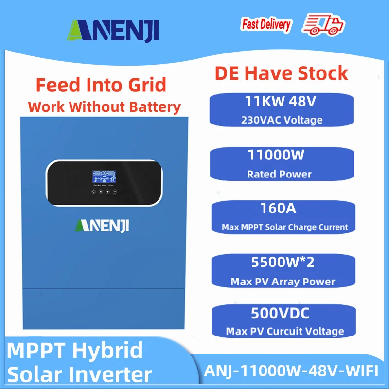 11000W Hybrid Solar Inverter 48V MPPT Photovoltaic On/Off Grid Inverter 220VAC PV 500V Built-in 160A Solar Charge Controller