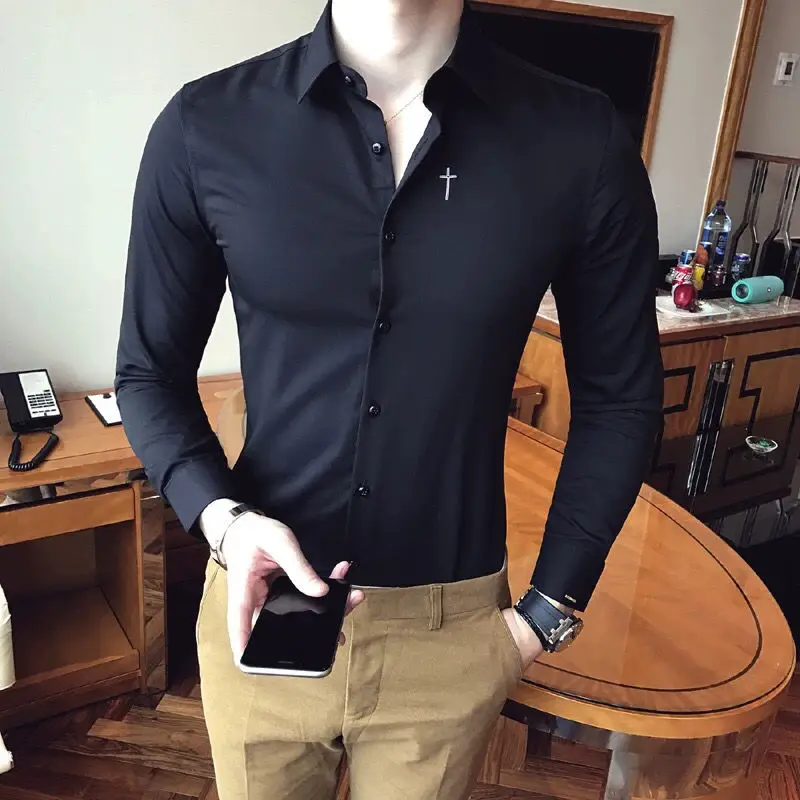 2023 Spring and Autumn Men's Solid Standing Neck Slim Fit Button Embroidery Casual Fashion Elegant Commuter Long Shirt Tops