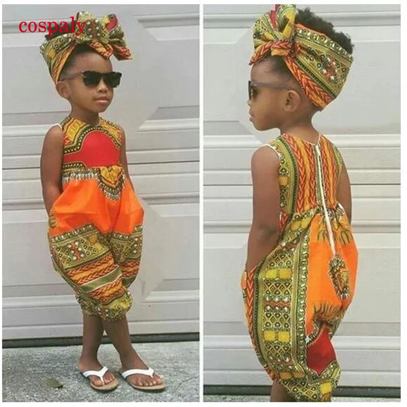 A Summer African Dresses Kids Fashion Print Romper Baby Girls Dashiki Bazin Bohemian Jumpsuit Children Riche Ankara Africa Cloth