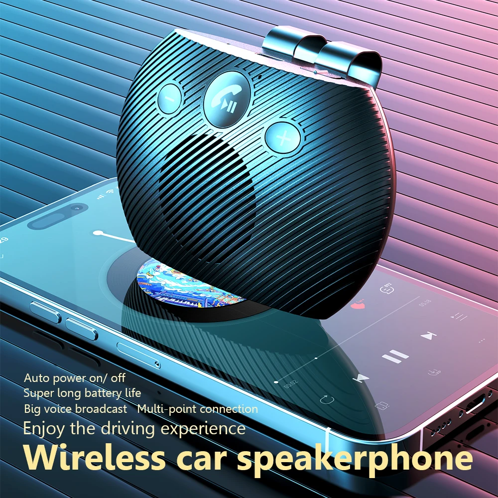 Wireless Car Speaker Handsfree Kit Sun Visor Clip Bluetooth 5.3 Audio Receiver Speakerphone Loud Music Player with Microphone