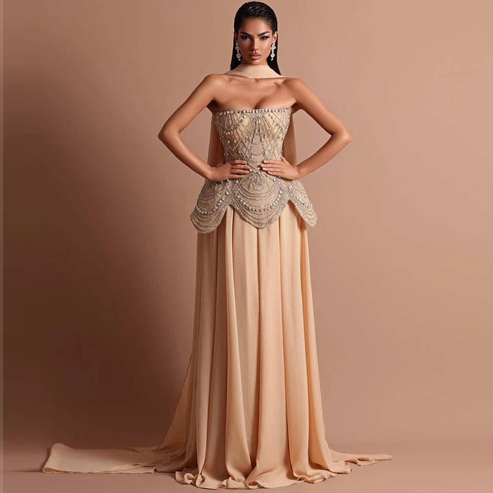 Soft Chiffon Customized Evening Dress Exquisite Strapless Sleeveless Dresses 2025 Woman Luxury Crystal Ribbons Celebrity Gowns
