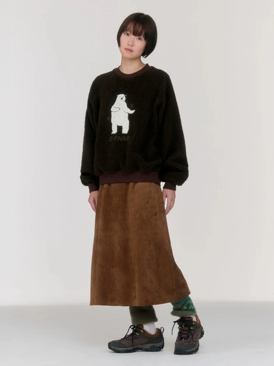 귀여운 춤추는 곰 무늬 라운드 넥 풀오버 스웨트셔츠 겨울 신상품 시엔 여성용 편안한 긴 소매