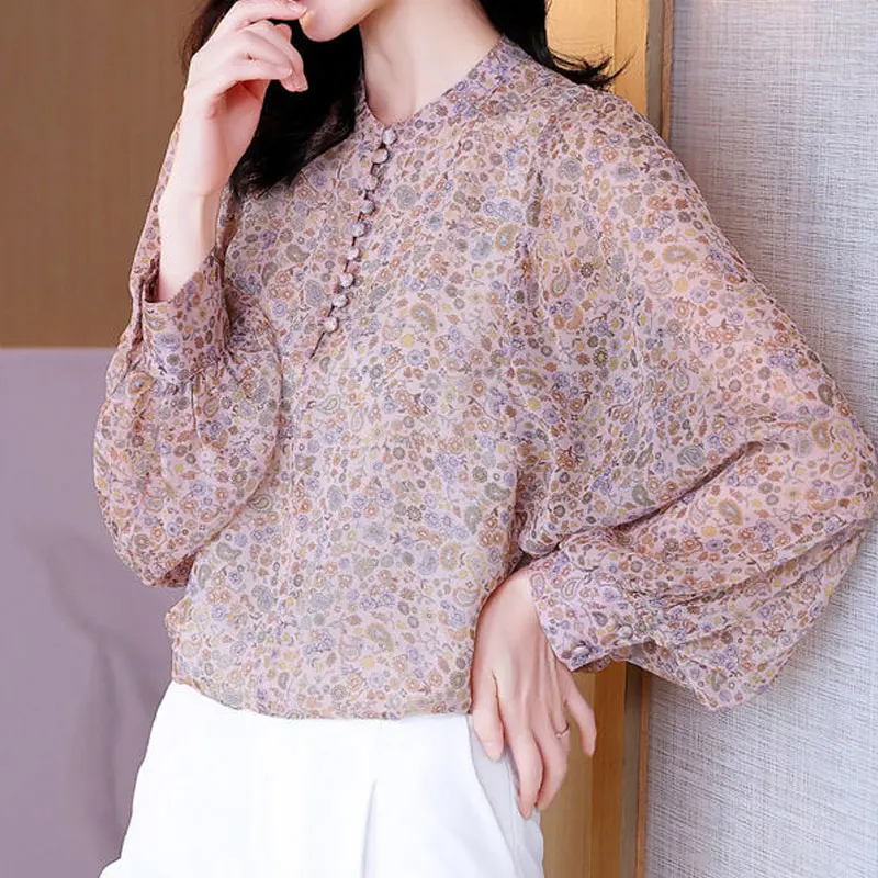 Office Lady Broken Flower Stand Collar Shirt Women\'s Clothing Long Sleeve Spring Autumn New Korean Vintage Button Spliced Blouse