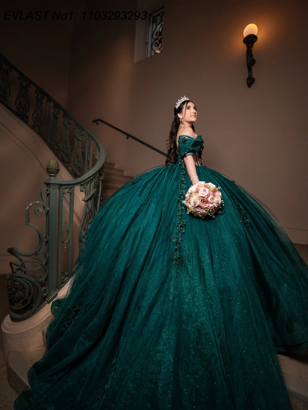 فستان Quinceanera مخصص باللون الأخضر اللامع من EVLAST فستان حفلة مزين بالدانتيل اللامع مطرز بالخرز الحلو 16 فيستدوس دي 15 أنوس E1QN656 #5