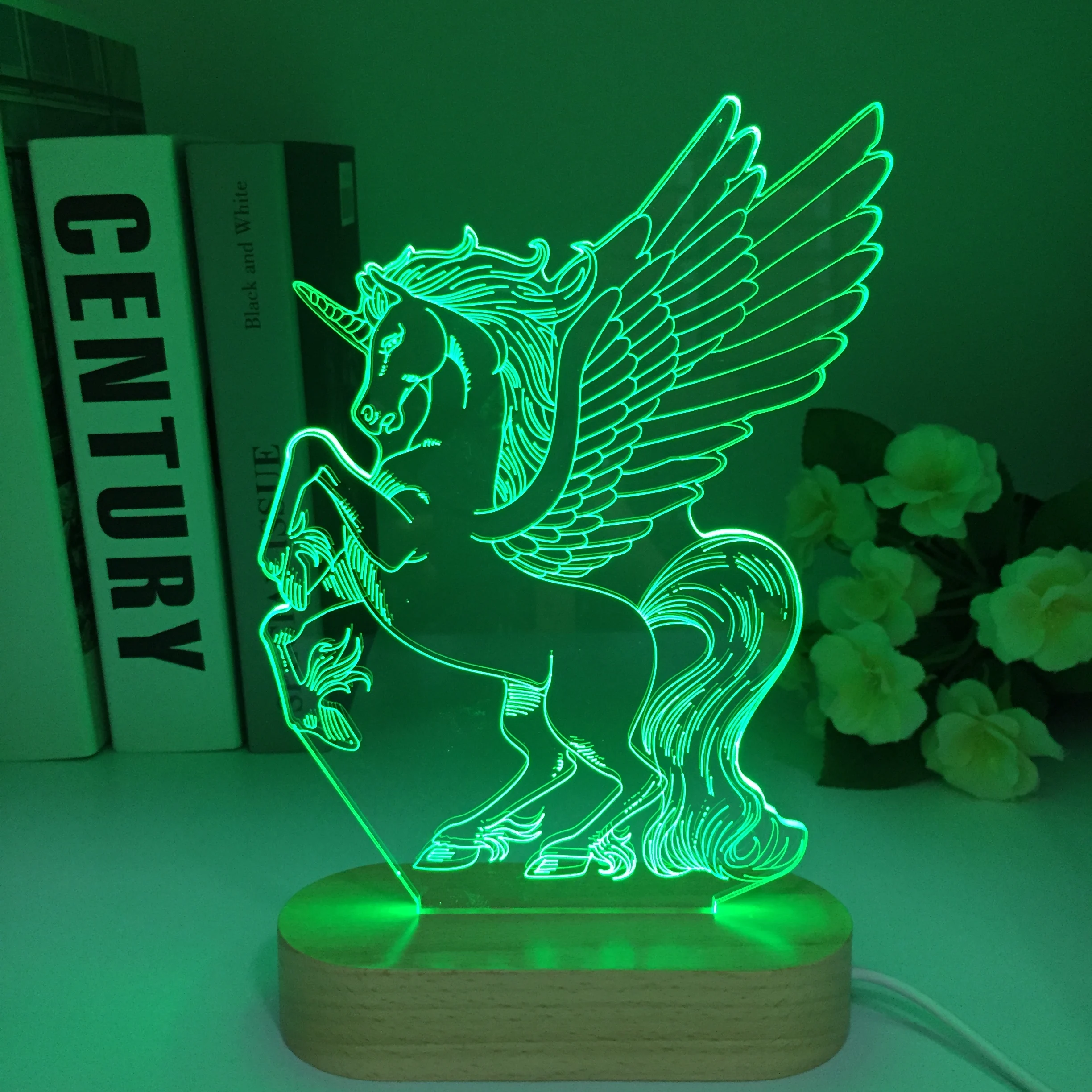 Wooden 3D Unicorn Illusion Lamp 3D Night Lights 3 Acrylic Plate Control Led Table Lamp Unicorn Gifts for Kids Baby Bedroom Decor