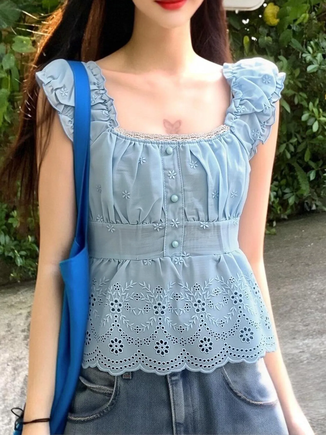 Light Blue Square Neck Ruffle Cap Sleeve Tank Top Front Button Floral Eyelet Embroidery Peplum Crop Blouse