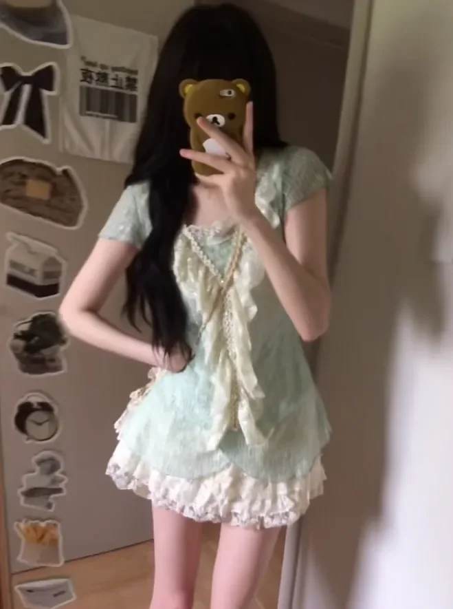 Japanese Vintage Square Neckline Lace Bow Ruffle Tiered 2 Piece Set Mint Green Short Sleeve Top Mini Skirt Women Party Outfits