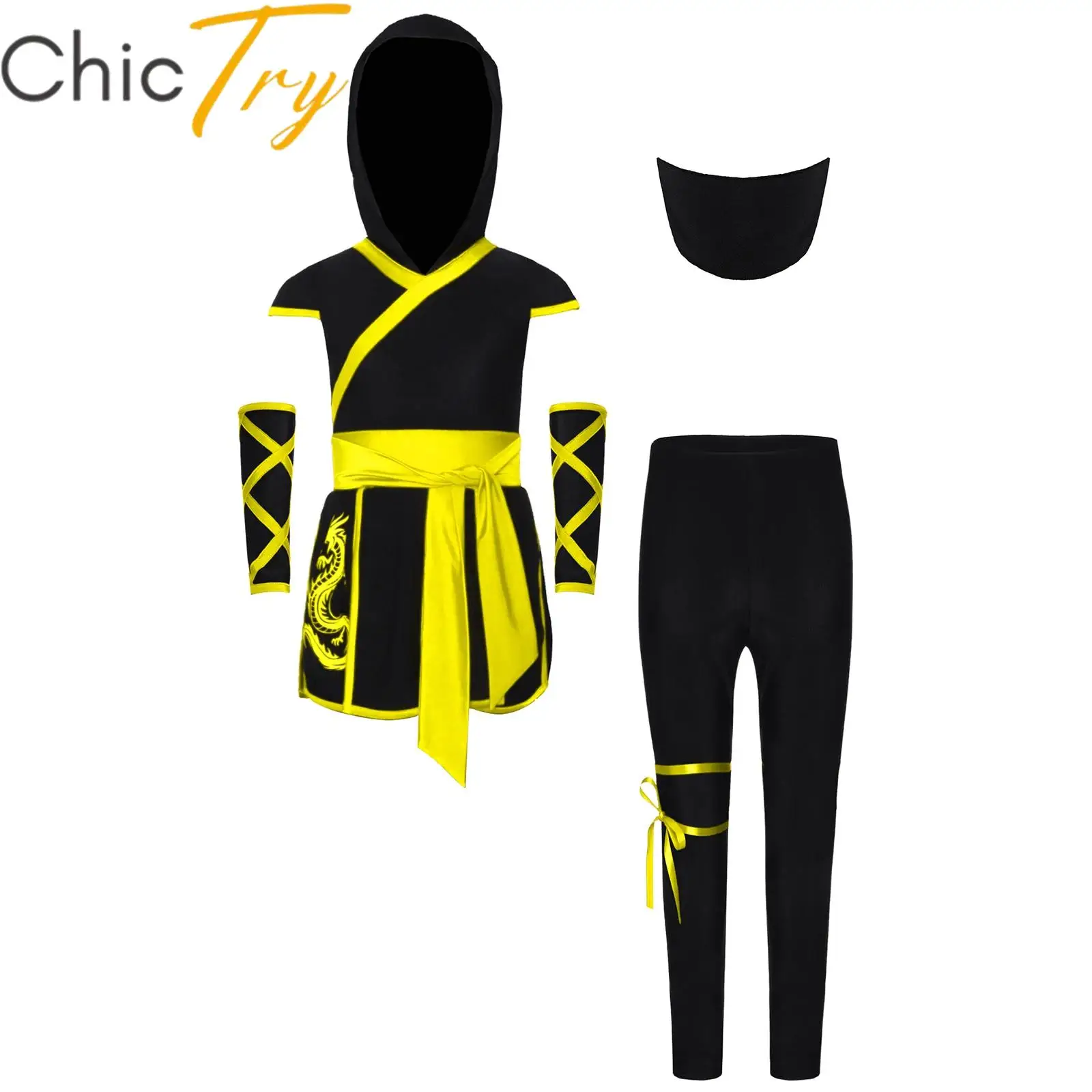

Kids Girl Boy Ninja-Style Halloween Cosplay Costumes Carnival Dress Up Hooded Top Dragon Printed Hem with Gloves Pants and Mask