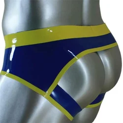 Handmade Latex Briefs Hip Open Panties Blue with Yellow Male Underwear Rubber Mens Fetish Shorts