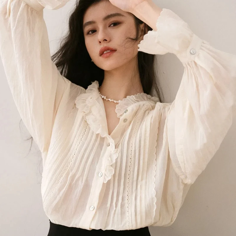 French Heavy Industry Embroidered Shirt Early Autumn New High End Niche Palace Long Sleeve Top Meat Covering Blouses Shirts