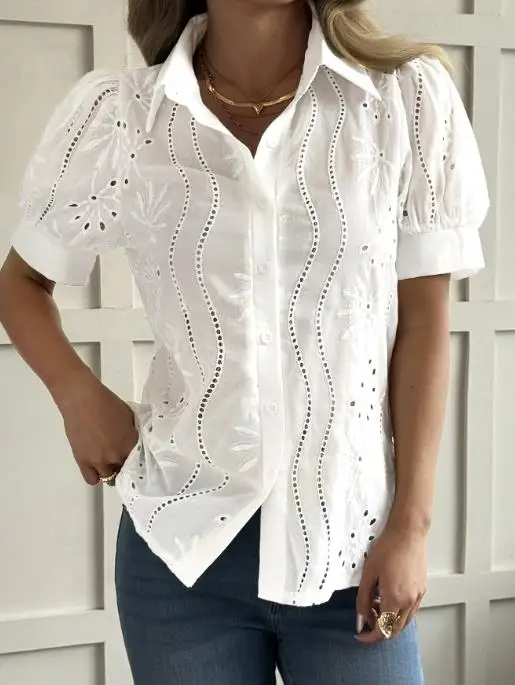 

Top Women 2025 New Summer Leisure Vacation Style Short Sleeved Turn-Down Collar Solid Color Casual Daily T-Shirt Top