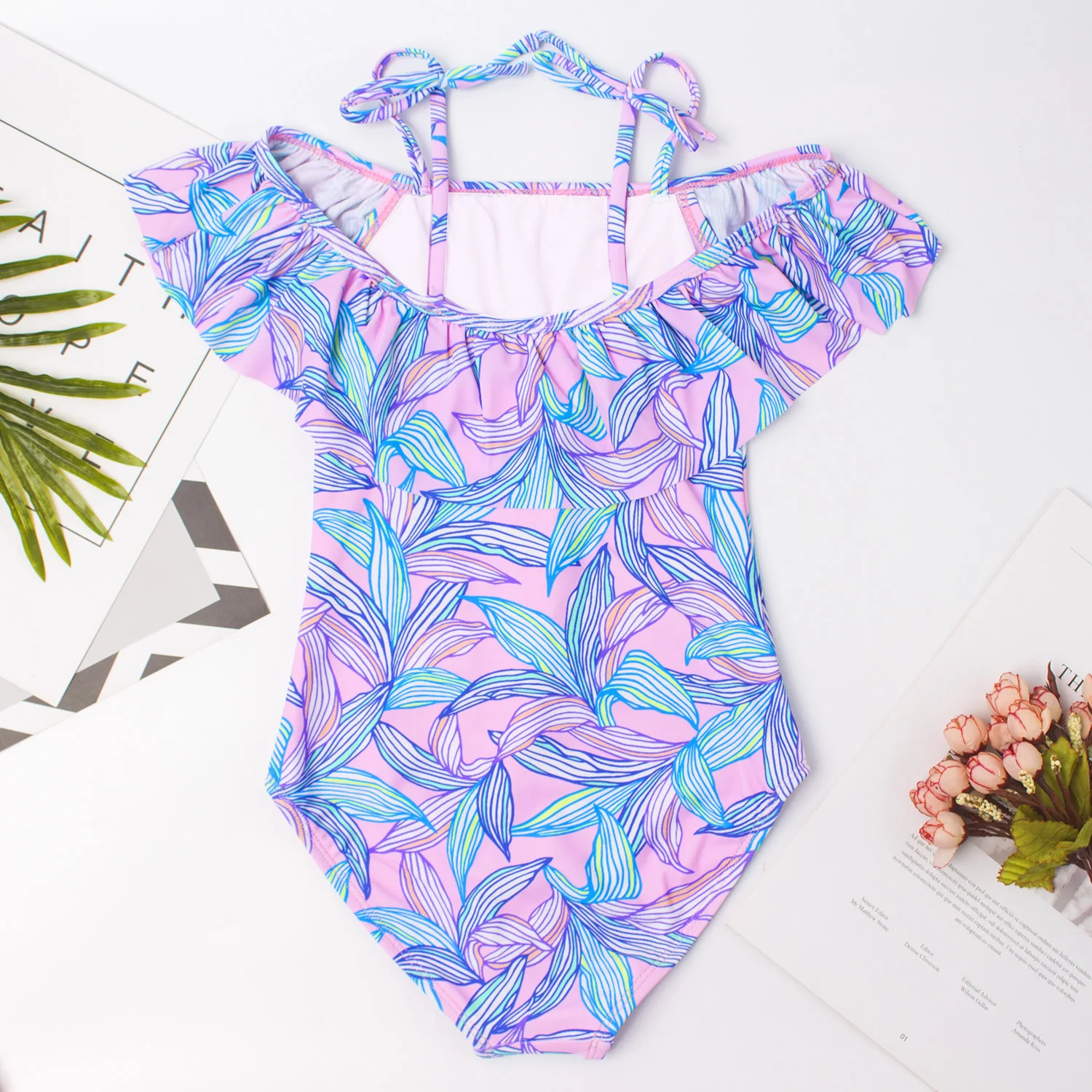 Purple Leaf Print Girls Teens One Piece Swimsuit Summer Baby Kids Swimwear Children Beachwear Kid Swimming Suit Monokini A273