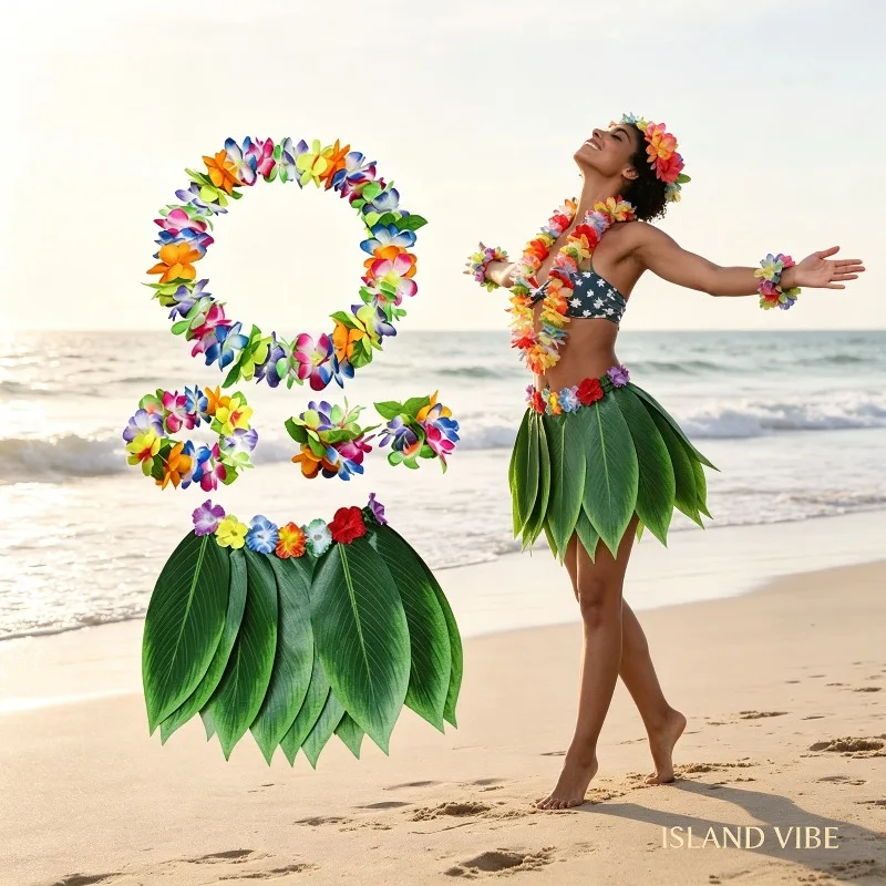 Party Hawaiian Grass Skirt Suit Adult Stage Costume Seaside Party Hawaiian Dress Garland Grass Skirt Combination Suit Dress