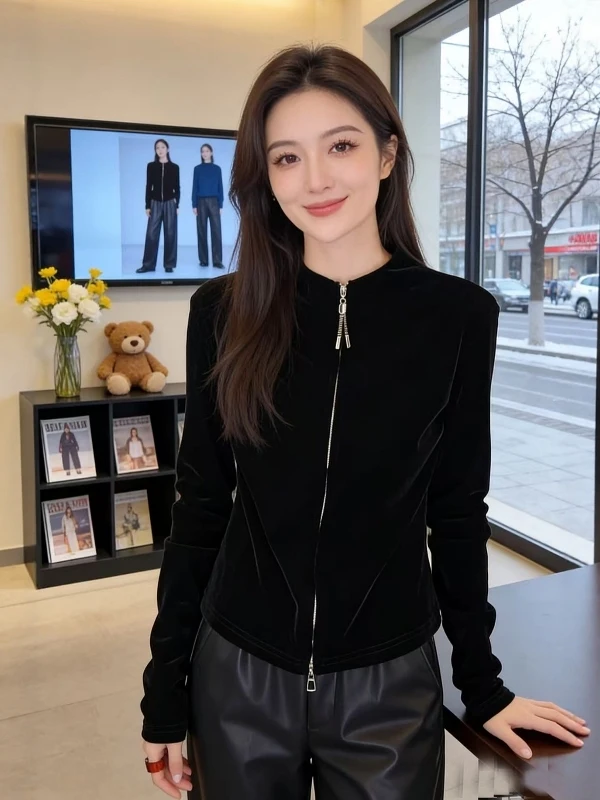 

Вельветовый кардиган с двойной молнией и воротником-стойкой, женская верхняя одежда больших размеров, свободный крой, стройнящий силуэт, весна 2026, для повседневной носки, цветной