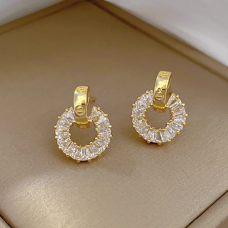 

JUWANG New Classic Fashion Plated 14k Real Gold Luxury Sweet Girl Party Gift Exquisite Round Zircon Anti-allergy Dangle Earrings